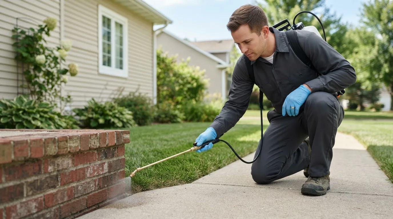 Pest control technician treating a home near London, TX