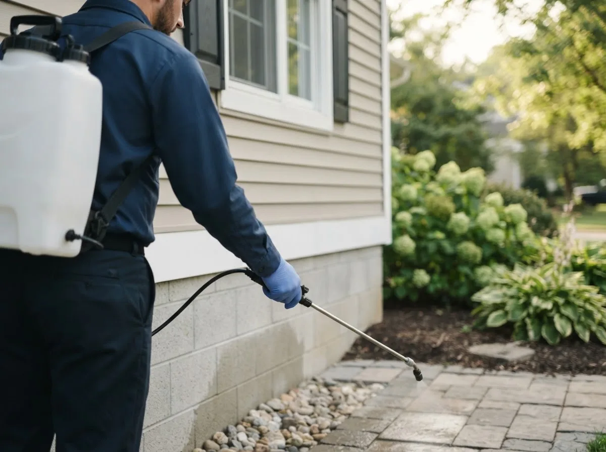Pest control technician inspecting a home in London, TX
